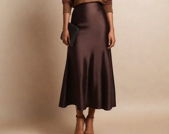 Silk Brown Skirt Midi Women Trends skirt 100% real silk slip midi a-line skirt Summer bias cut slip skirt trends fall outfits silk skirt