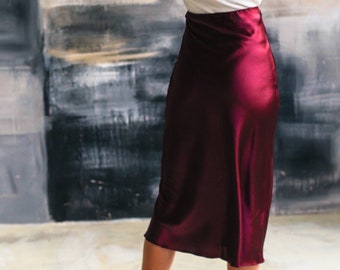 Satin skirt women skirt midi silk skirt Wine red burgundy 100% real trends skirt a-line skirt bias cut slip skirt fall outfits satin skirts