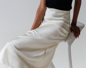 White ivory satin skirt midi slip skirt TWO layers 100% real silk midi a-line women skirt cream bias cut slip skirt trends basic skirts