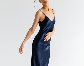 navy silk slip dress