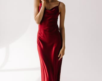 Bordeaux Silk Slip Dress: Cowl Neck Midi, Bridesmaid Style
