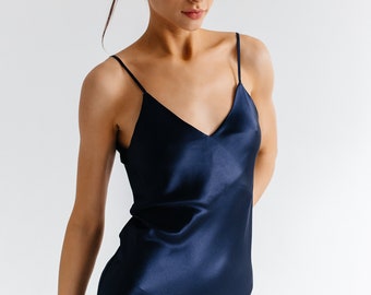 dark blue silk dress