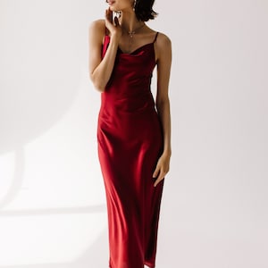 Bordeaux Silk Slip Dress: Cowl Neck Midi, Bridesmaid Style