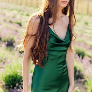 Emerald Green Silk Slip Dress: Cowl Neck Midi Satin Dress