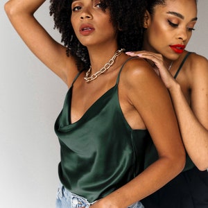 Dark Green Silk Cami Top: Cowl Neck Satin Camisole