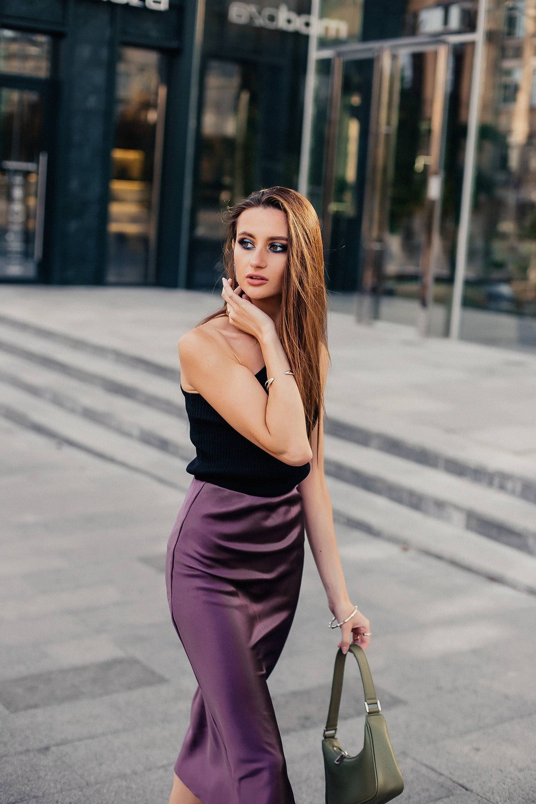 Purple Silk Slip Skirt: Midi Bias Cut A-line