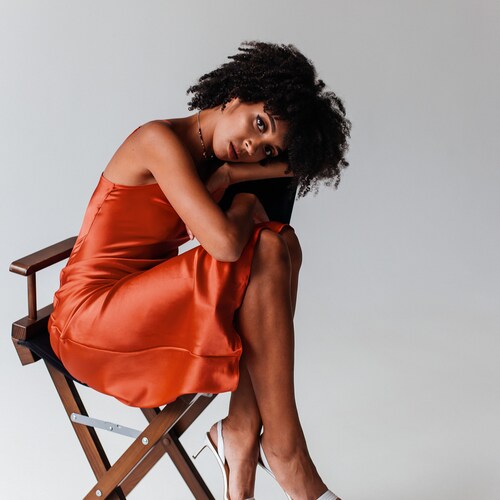 Terracotta V-neck Silk Slip Midi Dress 
