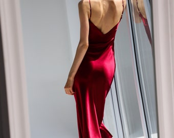 Wine Silk Slip Dress: Low Back Midi, Bridesmaid Style