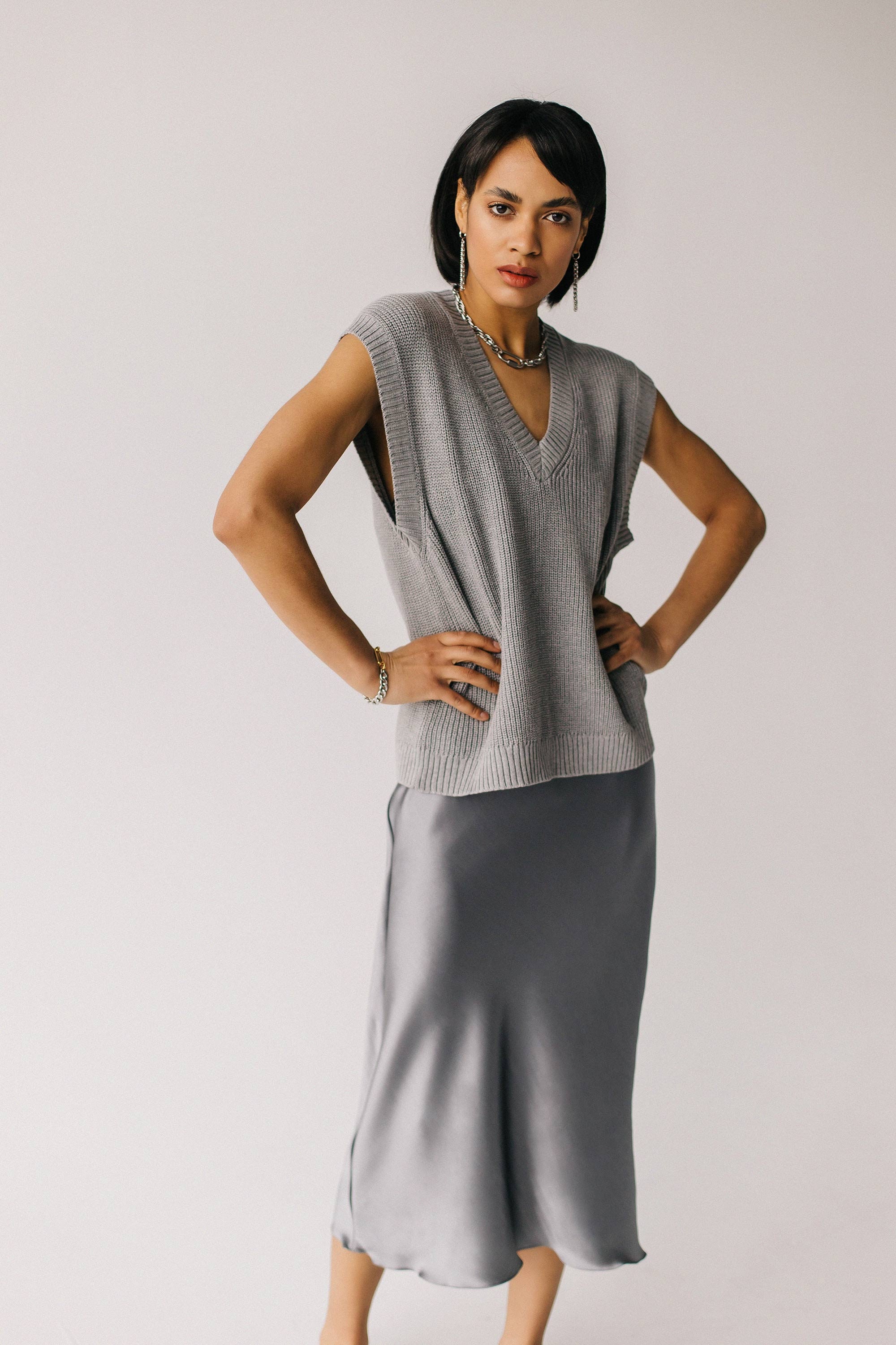 Dark Grey Silk Satin Skirt: 90s Bias Cut Midi Slip - Etsy
