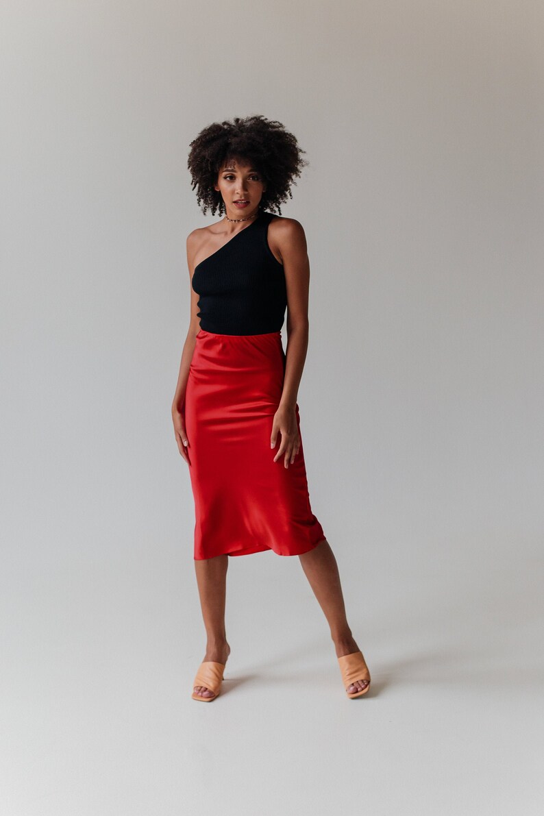 red silk skirt outfit