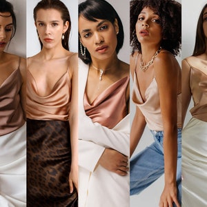 Mulberry Silk Cami Top: Beige Cowl Neck Satin Camisole