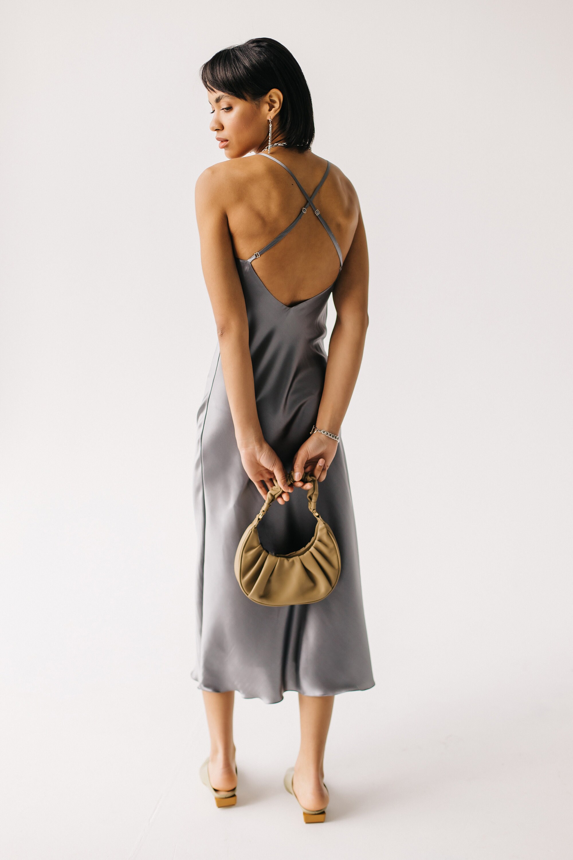 Audrey Bias Cut Midi Silk Slip Dress in Opal