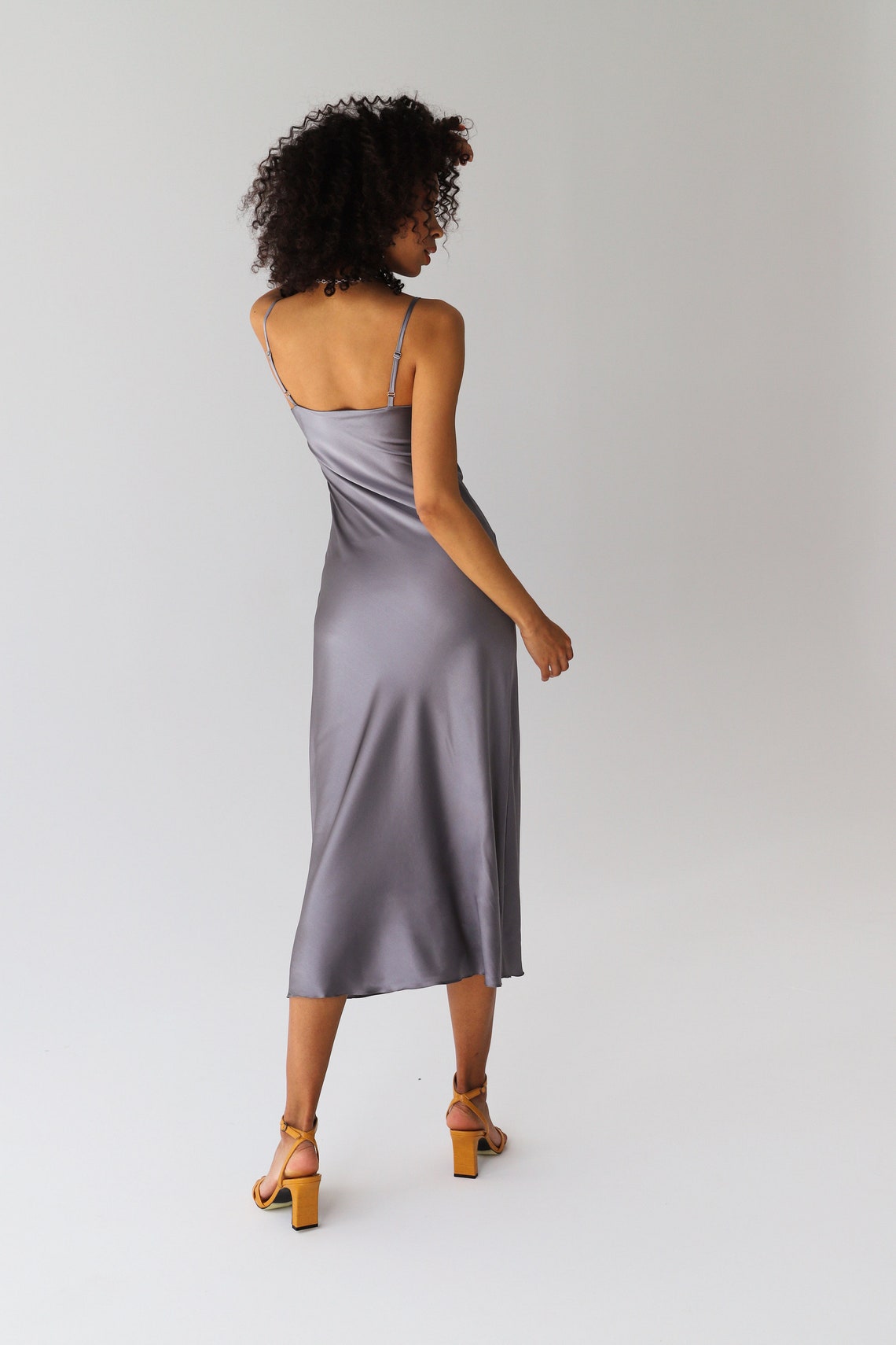 Dark Gray Vneck Silk Slip Midi Dress Silk Slip Trends Dress Etsy