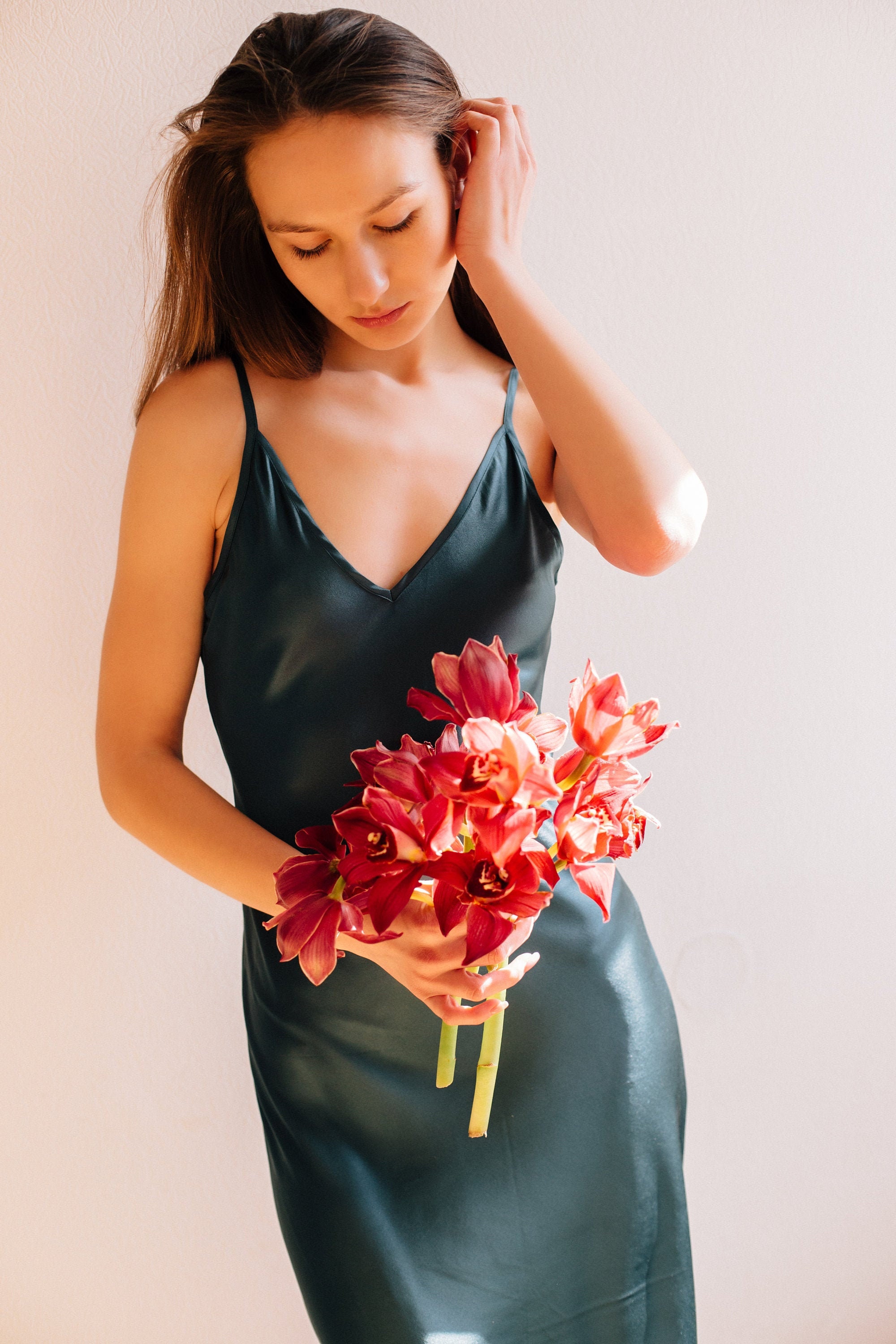 Teal vneck silk slip midi dress Silk slip trends dress Etsy