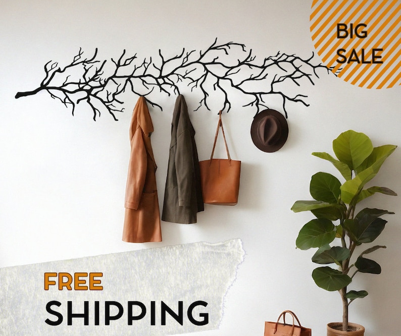 Unique Wall Decor Entryway Large Metal Branch Wall Hanger Coat Rack Stylish Organization Entryway furniture tree black metal custom made image 1