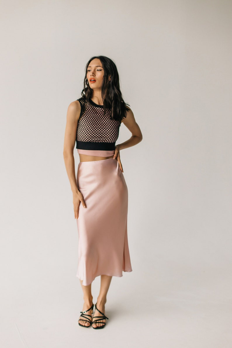 Silk slip Rose gold skirt TWO layers 100% real silk slip midi a-line skirt women skirt bias cut slip skirt trends trends silk satin skirt