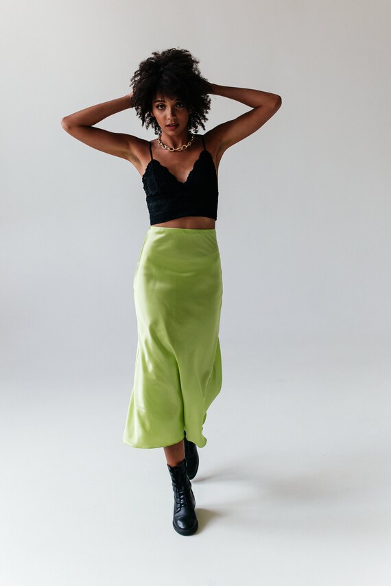Silk Slip Skirt Mini Lime Silk Satin 