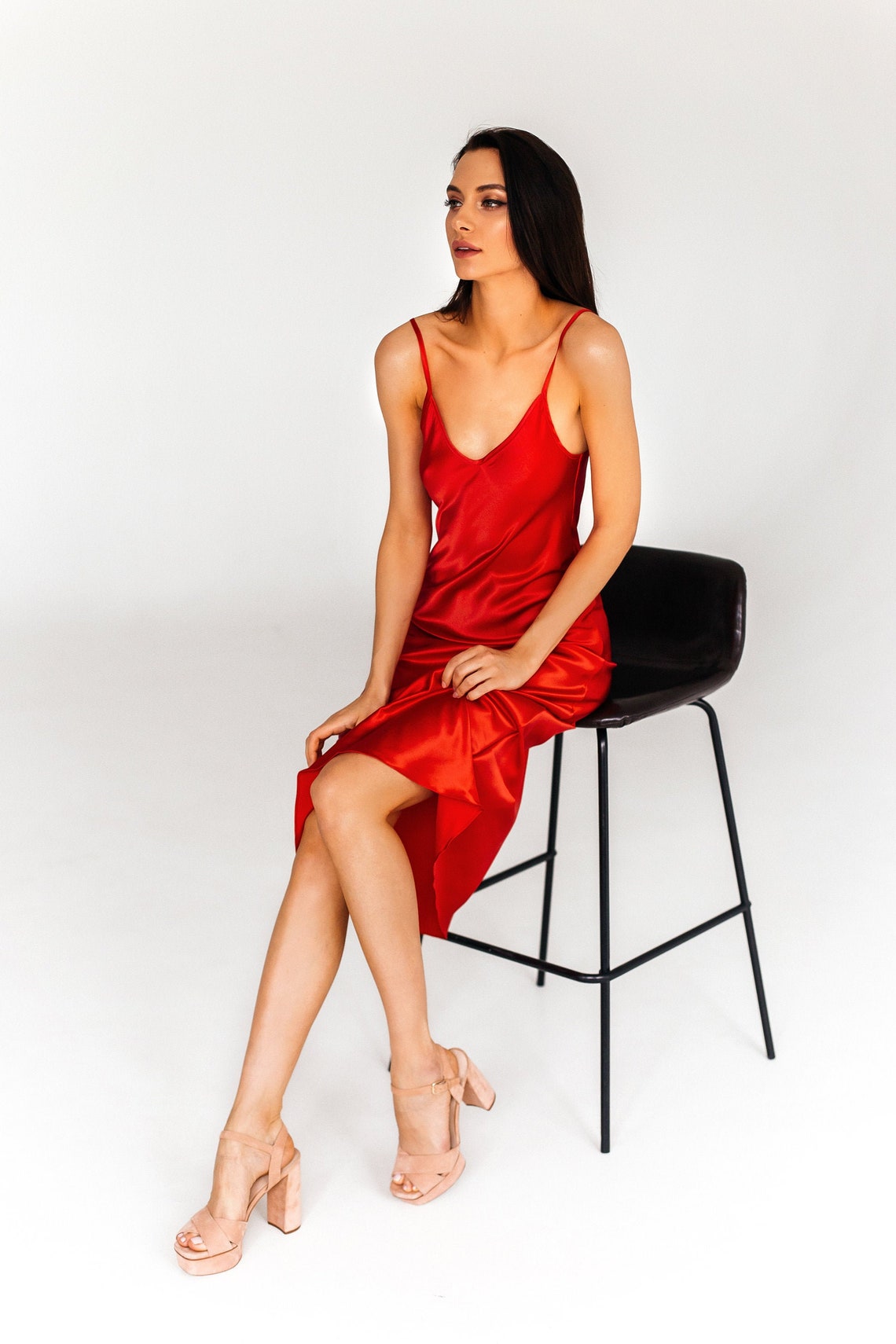 Red V Neck Silk Slip Midi Dress Silk Slip Trends Dress Etsy