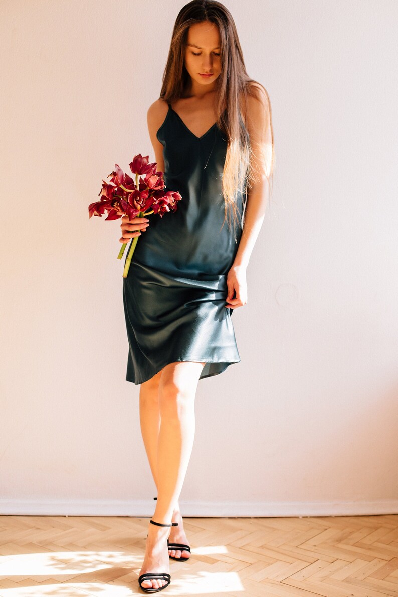 Teal vneck silk slip midi dress Silk slip trends dress Etsy