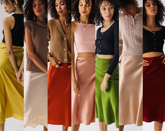 Many colors silk satin skirt bias cut Stretch silk slip skirt midi Silk clothing Silk basics silk skirt trends style silk outfit beige skirt