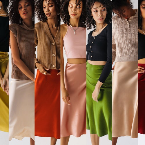Many colors silk satin skirt bias cut Stretch silk slip skirt midi Silk clothing Silk basics silk skirt trends style silk outfit beige skirt