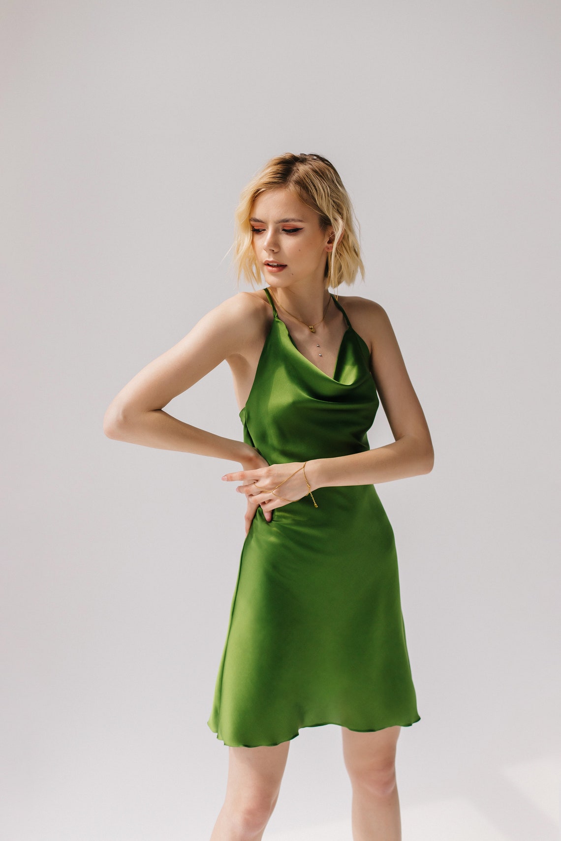 Leaf green short silk slip dress Mini slip dress green 100 Etsy