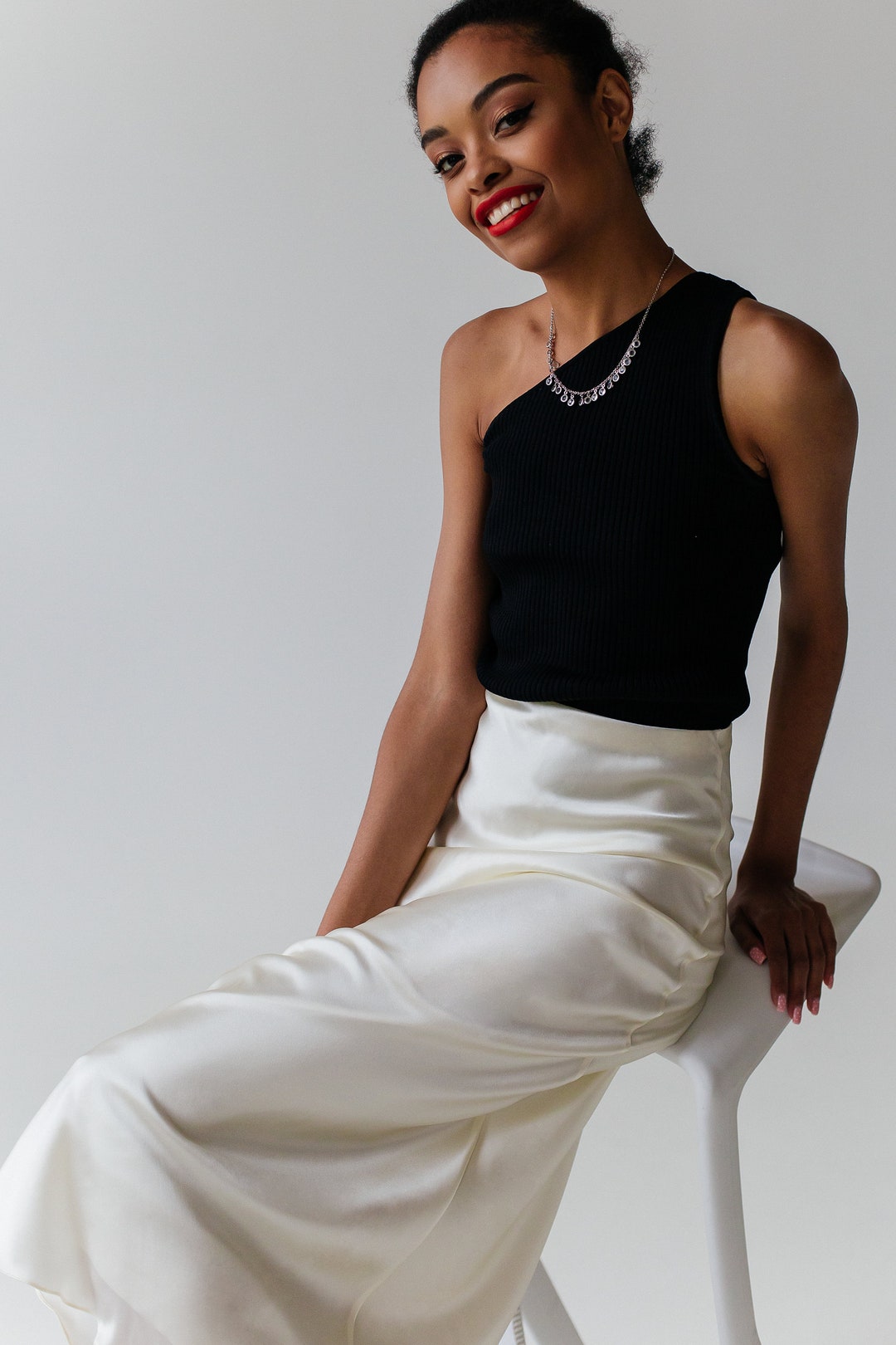 White Ivory Satin Skirt Midi Slip Skirt TWO Layers 100% Real Silk Midi ...