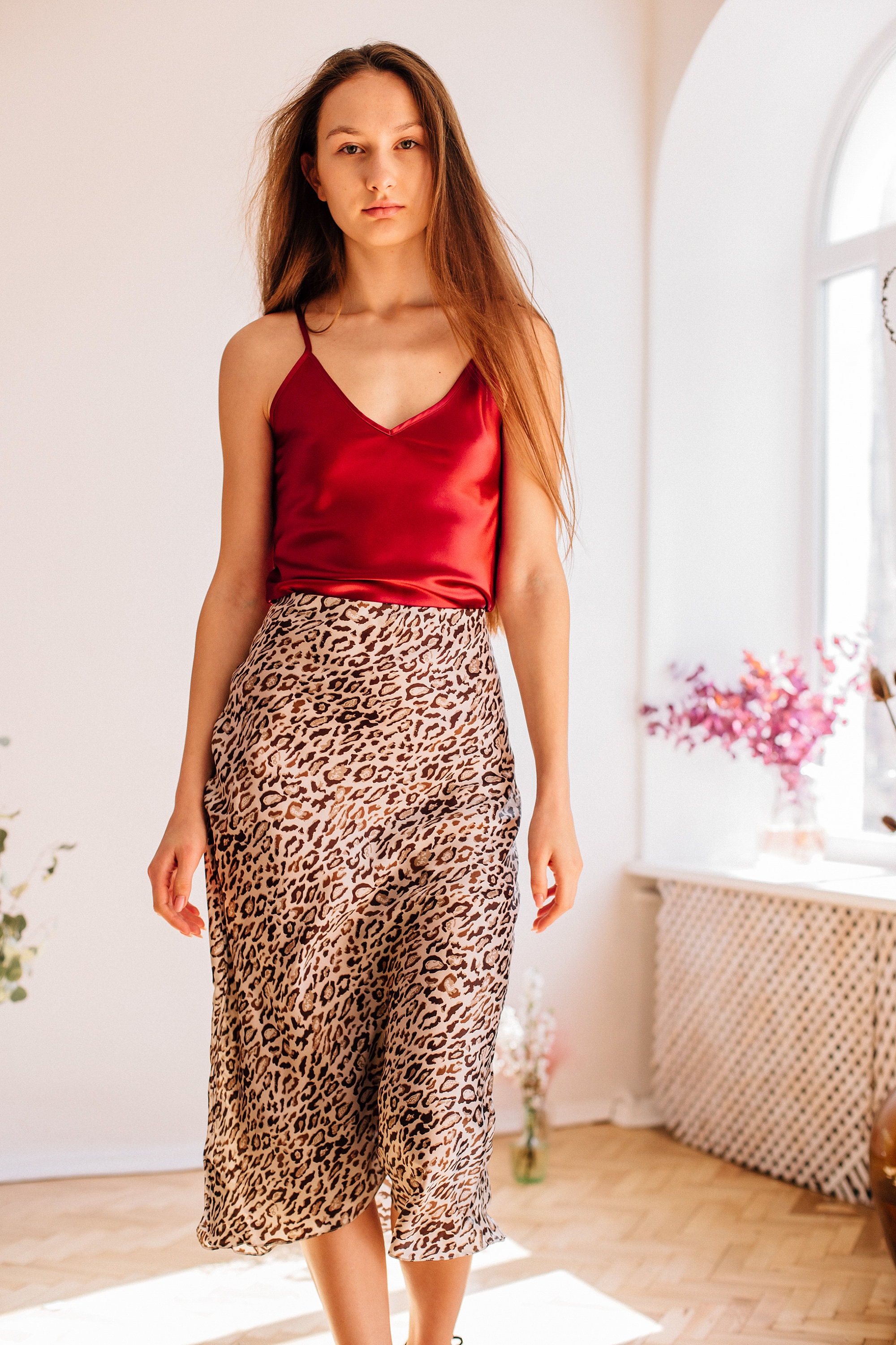 Influence satin leopard print midi skirt with slits outlet