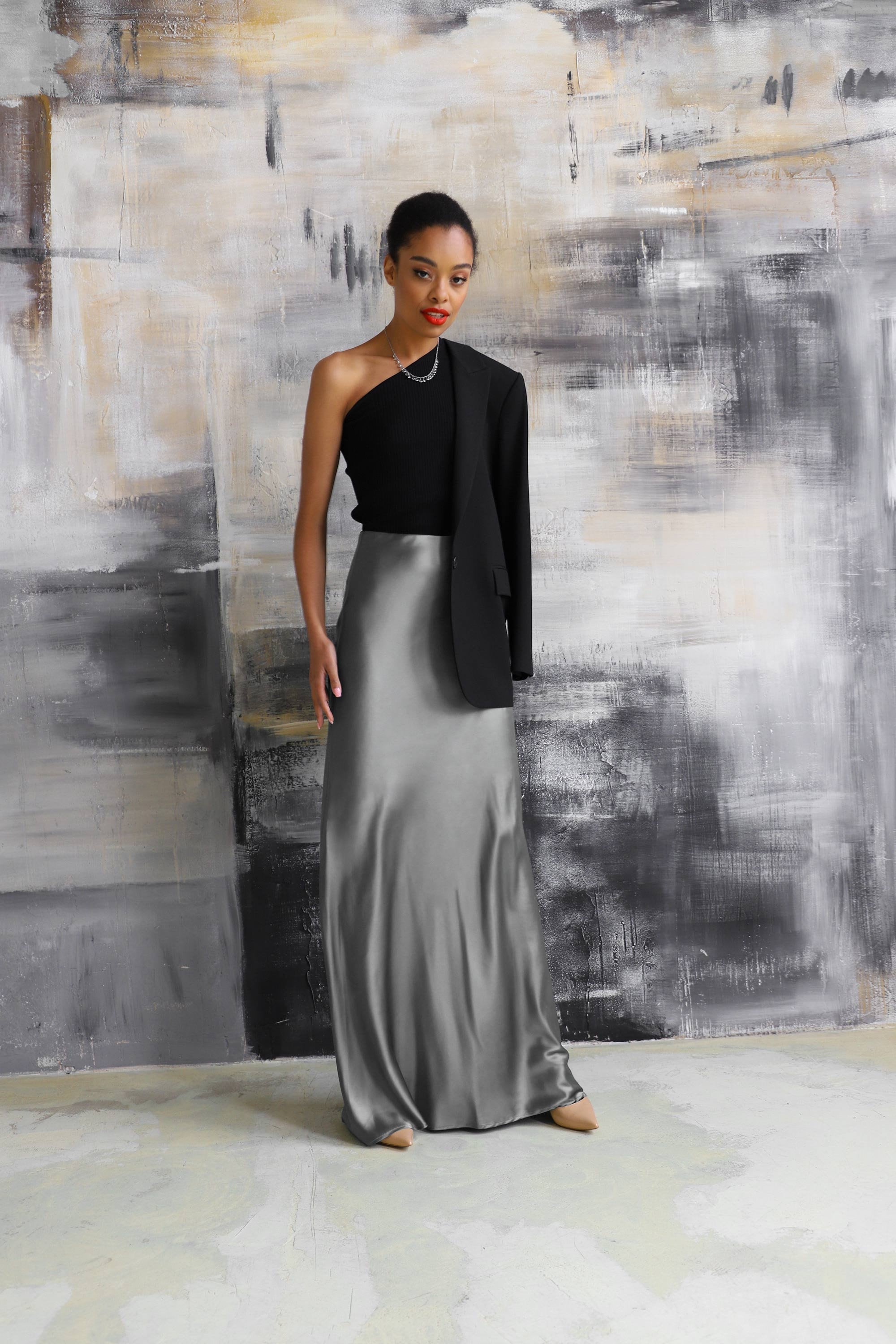 Mid length satin skirts gray online