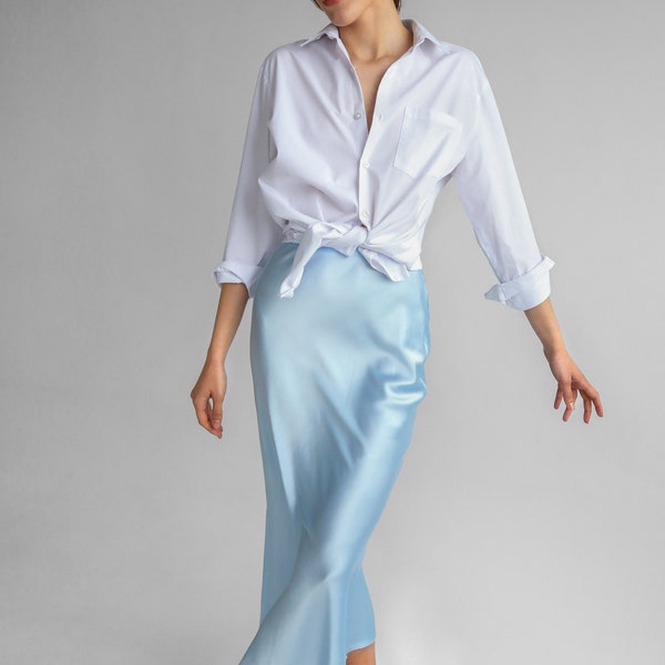 Satin Silk Skirt Light Blue Sky blue Summer Skirt 100 %real midi a-line skirt women skirt bias cut slip skirt trends fall outfits silk skirt