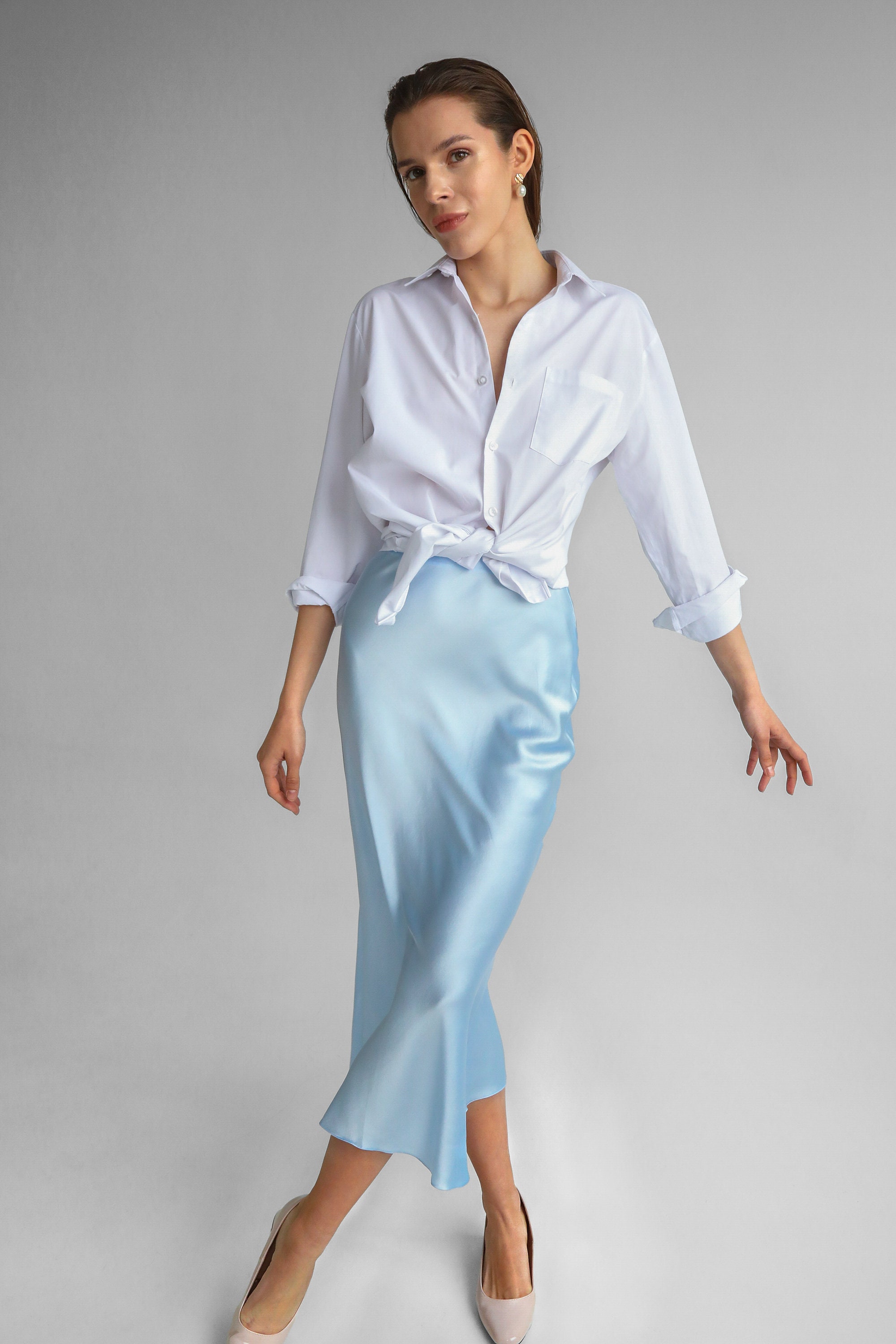 Best Natural Slip Silk Skirt Light Blue 100 %real Silk Slip