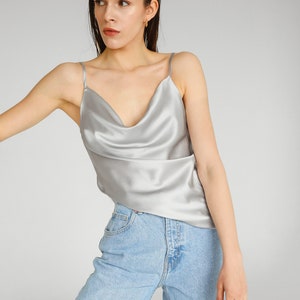 Gray Silk Cami Top: Satin Cowl Neck, Adjustable Straps