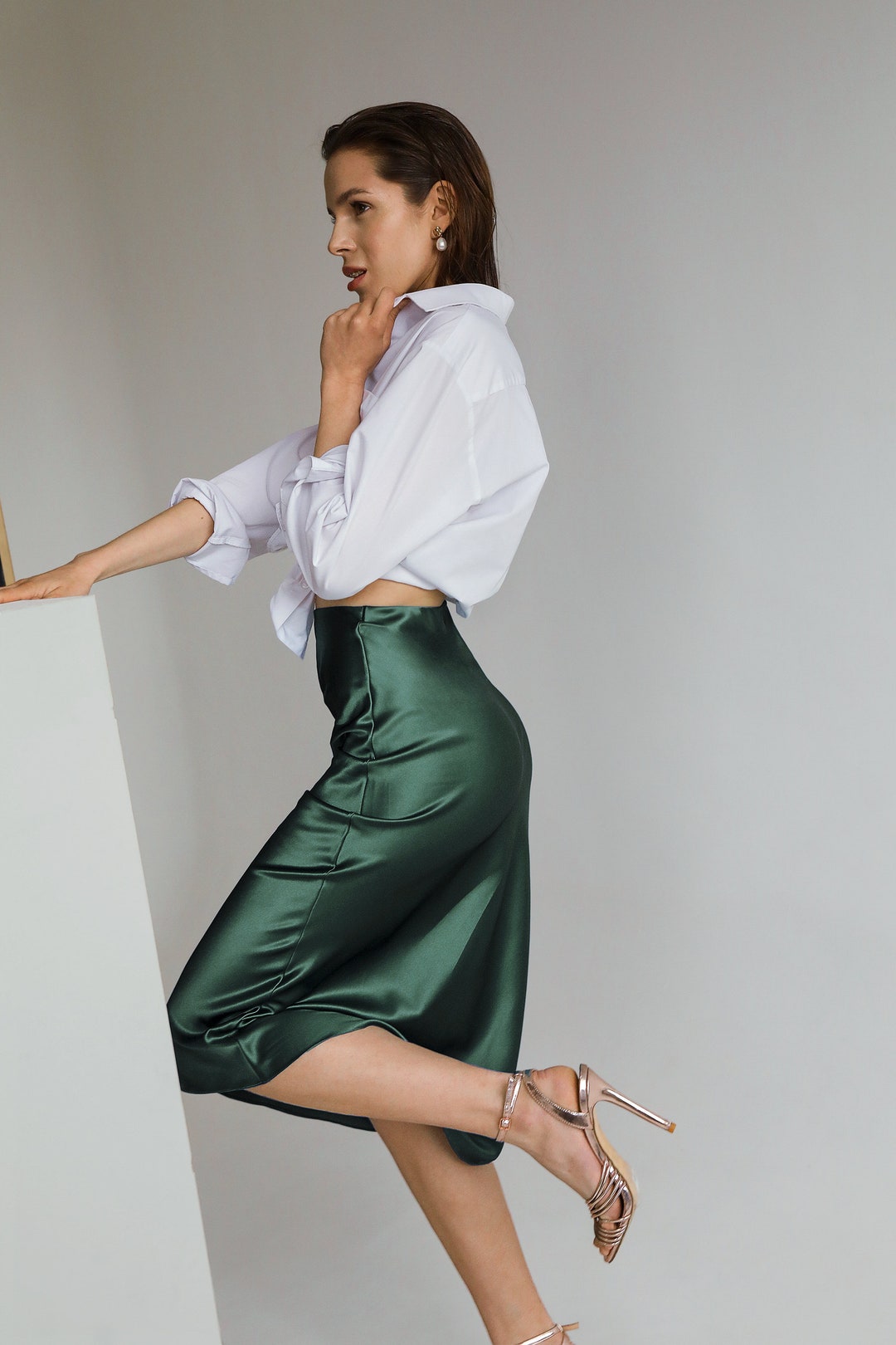 Sale Natural Slip Silk Skirt Green 100%real Silk Slip Midi A