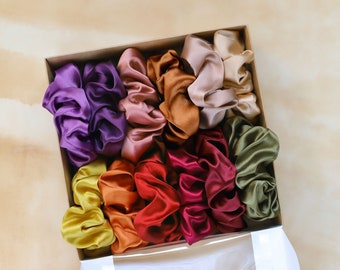 Silk scrunchy satin scrunchie set silk tie silk red yellow orange silk care silk soft satin natural elastic hear silk band christmas gift