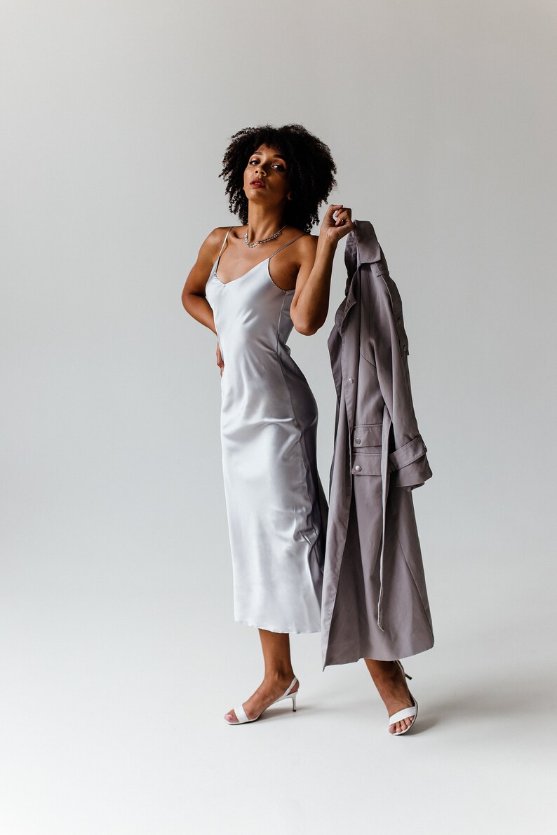 silver slip dress midi