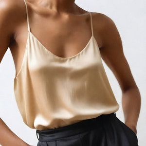 Beige Silk Cami Top: Scoop Neckline, Bias Cut