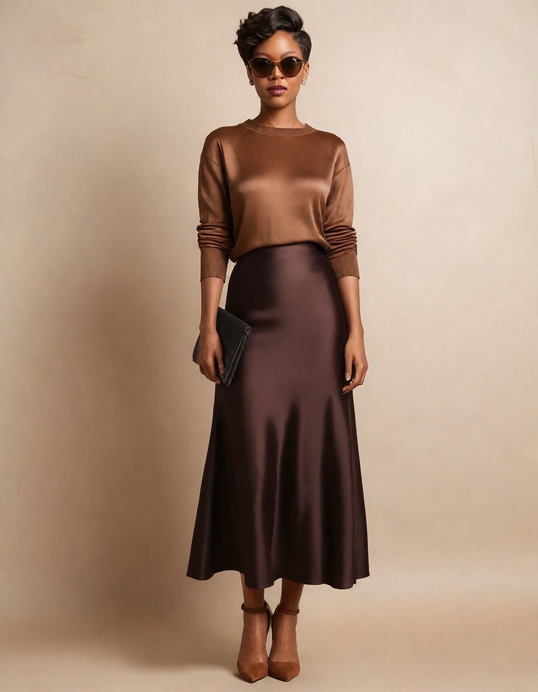 Gonna sottoveste in seta color marrone espresso: gonna midi con taglio  sbieco Italia