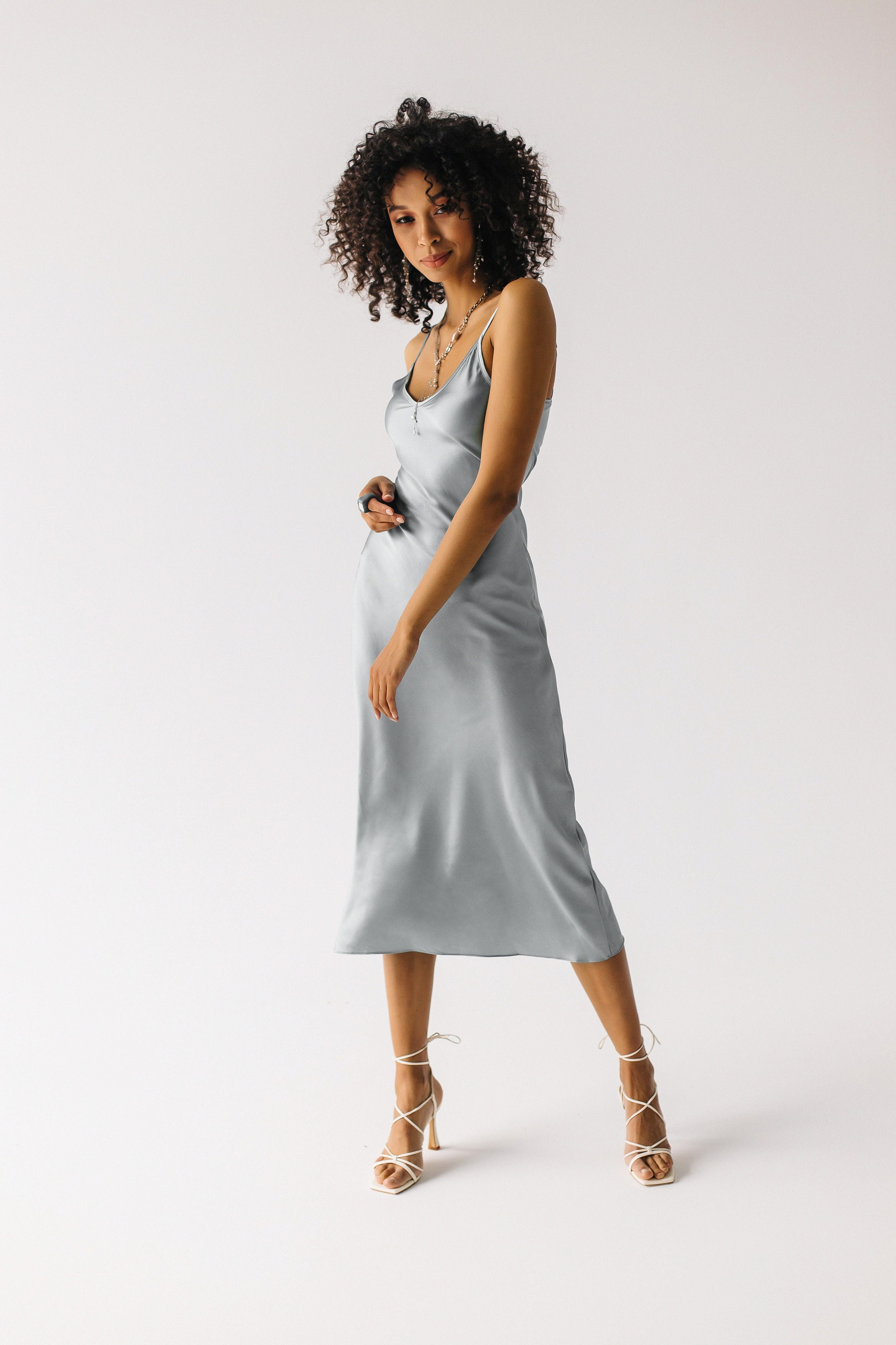 Silver V-neck Satin Bridesmaid Dress Midi Long Dress Trends Dress