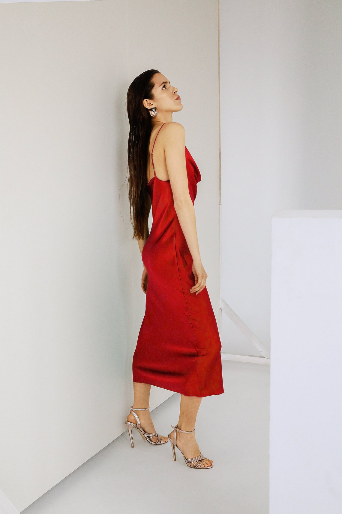 Red Silk Slip Midi Dress Silk Slip Trends Dress Bridesmaid Etsy