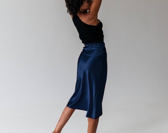 Navy blue satin skirt silk skirt midi long skirt bias cut Stretch silk slip skirt Silk clothing Silk basics trends style silk outfit skirt