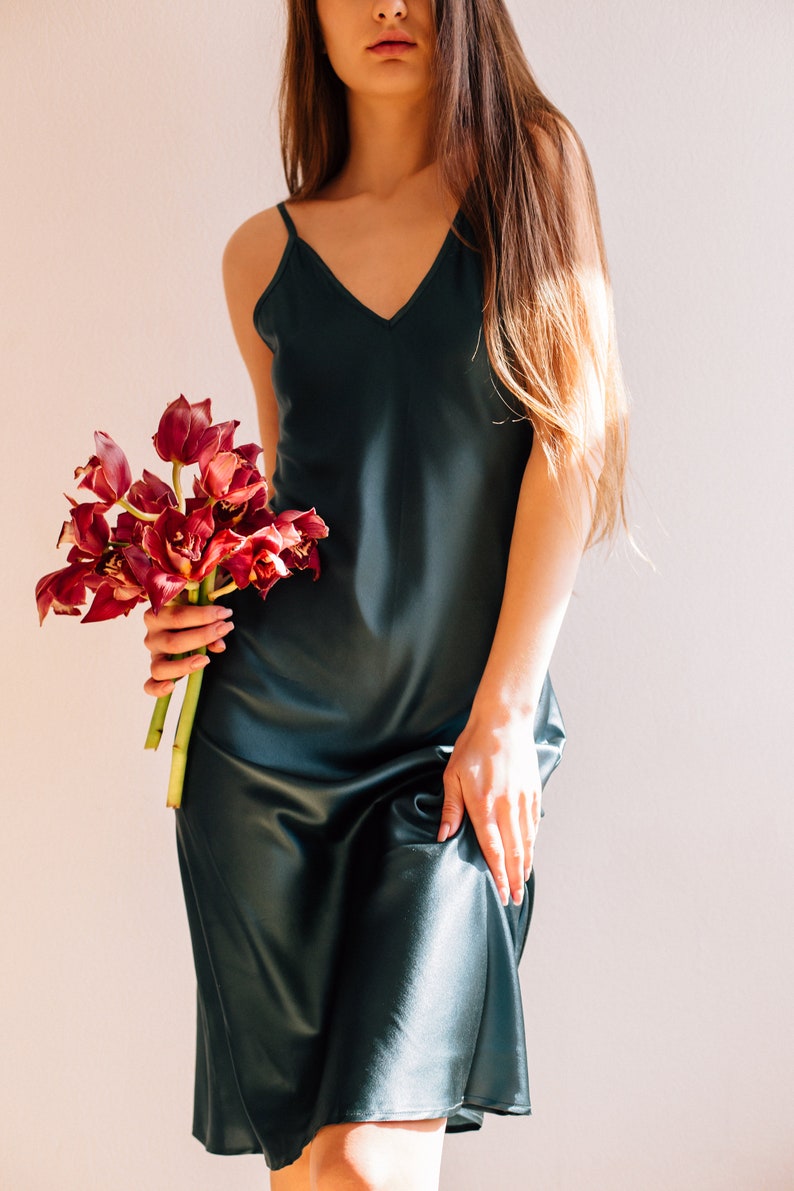 Teal vneck silk slip midi dress Silk slip trends dress Etsy