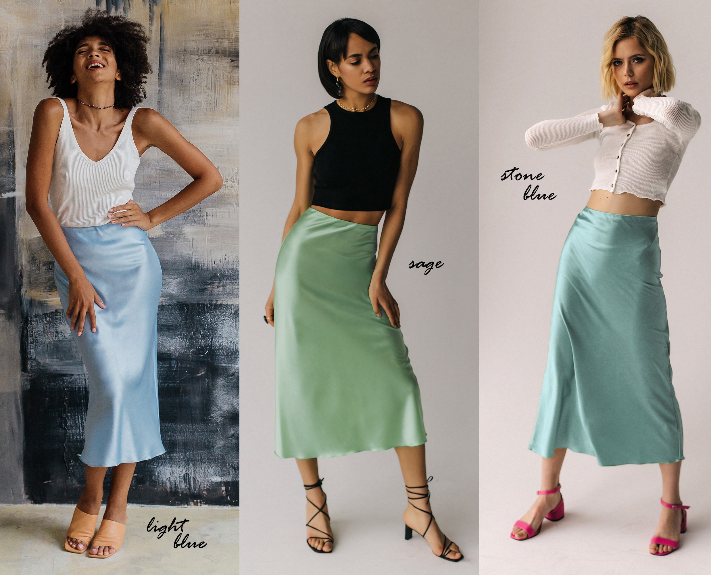 Best Natural Slip Silk Skirt Light Blue 100 %real Silk Slip Midi A-line  Skirt Women Skirt Bias Cut Slip Skirt Trends Fall Outfits Silk Skirt -   Canada