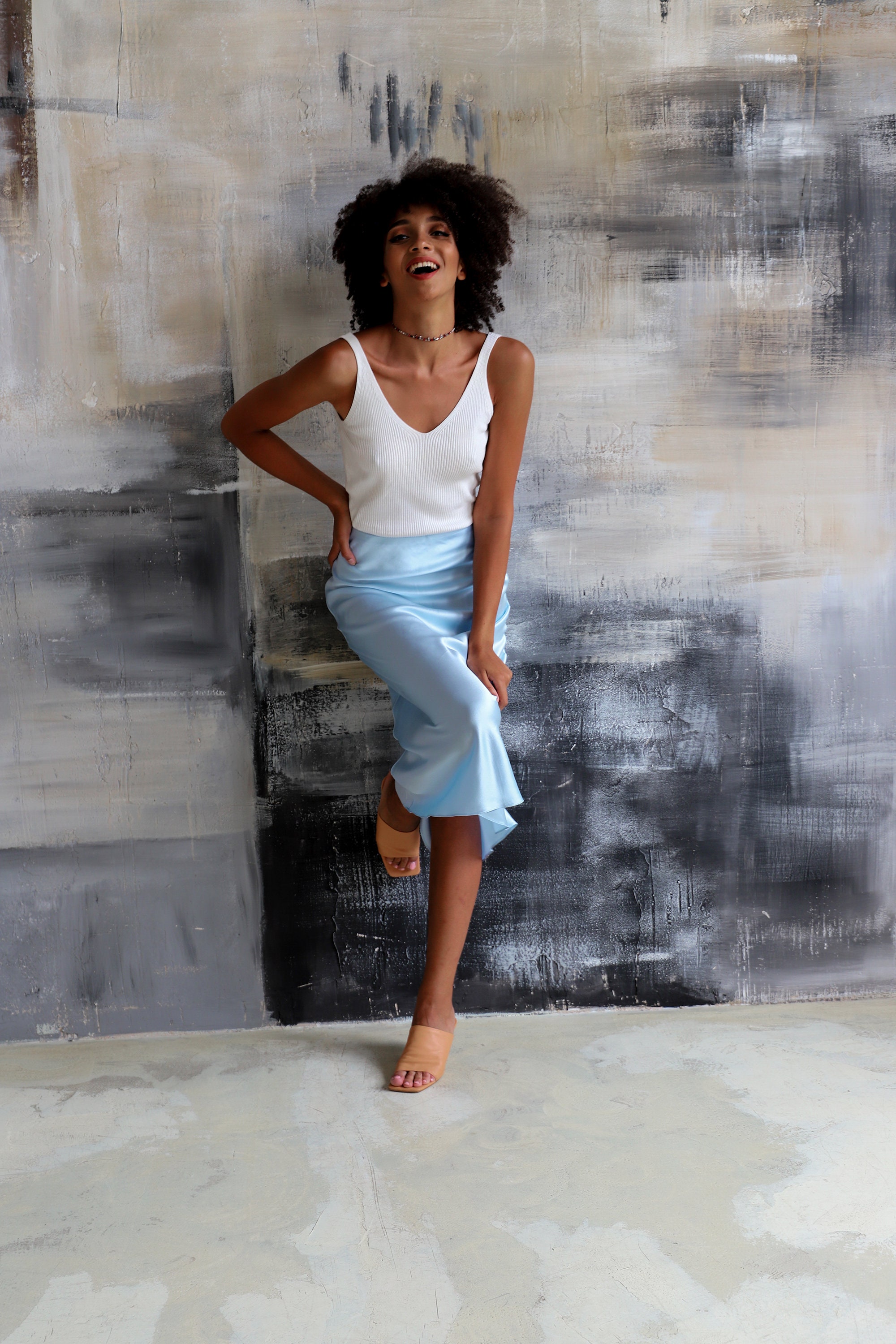 [nuuanu ] / ☆ Lysia Skirt / Sky Blue Satin Silk Skirt Light Blue Sky Blue Summer Skirt 100 %real