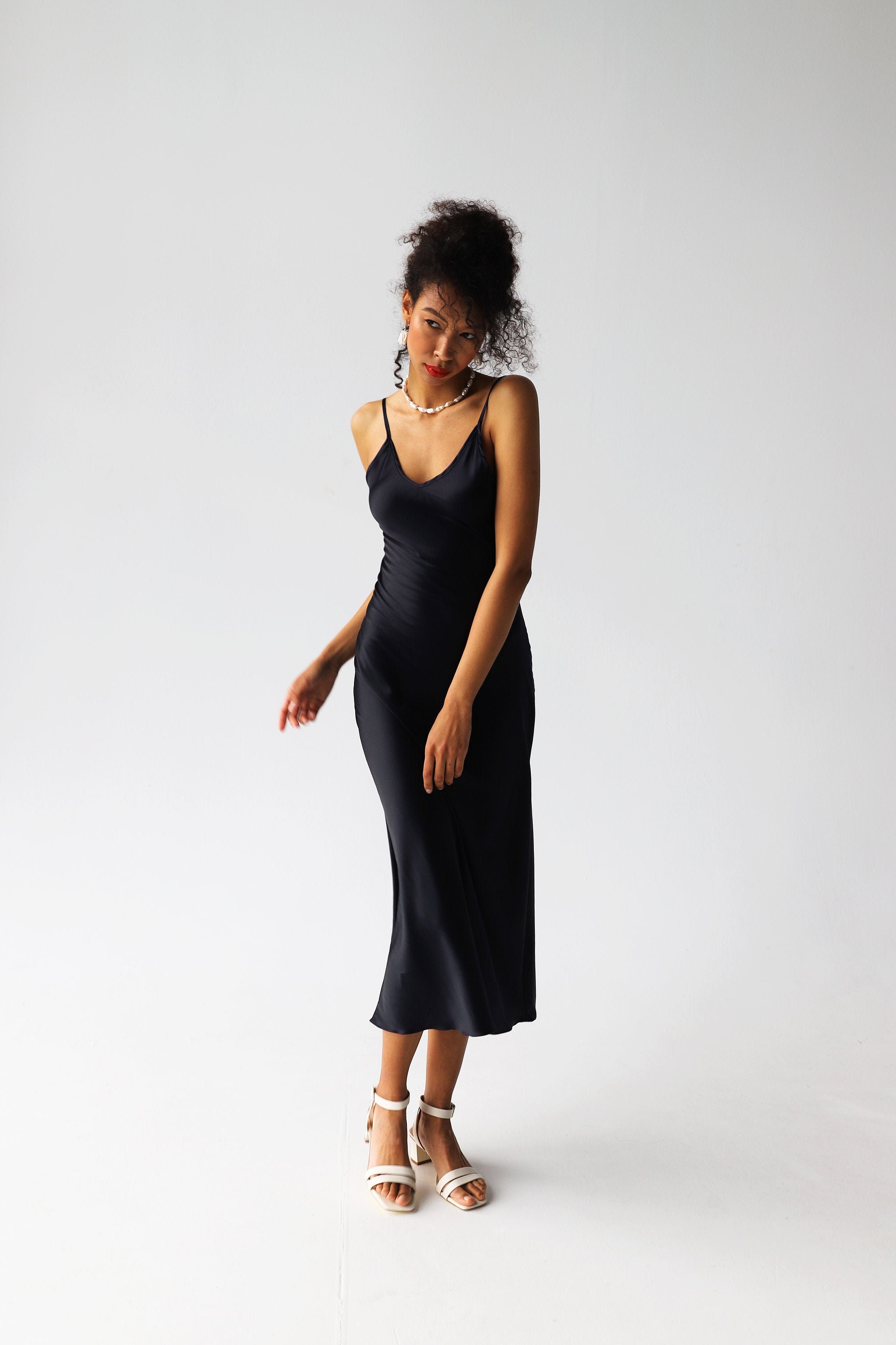 Natural Silk Slip Dress Black Midi 100% Silk Cami Dress Black Silk