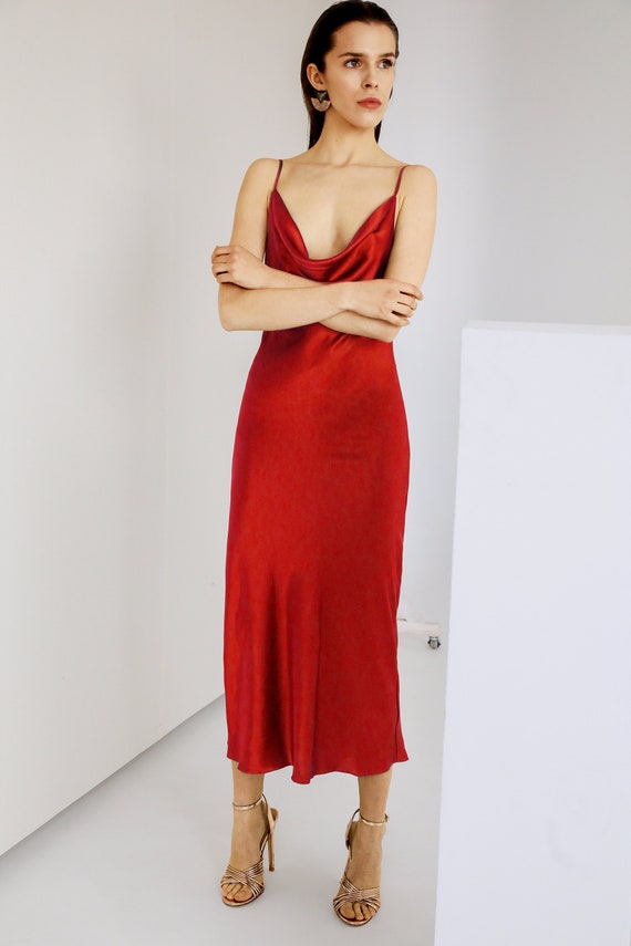 Red Silk Slip Midi Dress Silk Slip Trends Dress Bridesmaid | Etsy
