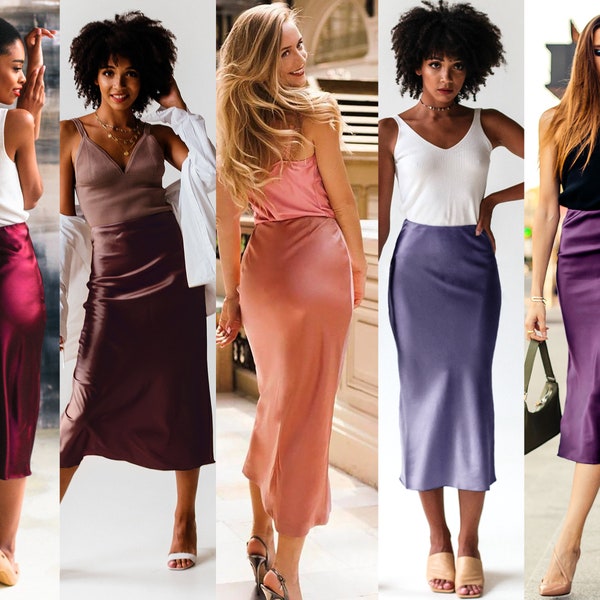 MANY COLORS satin Silk skirt wine 100%real silk slip midi a-line skirt women skirt bias cut slip skirt trends fall outfits how to wear skirt