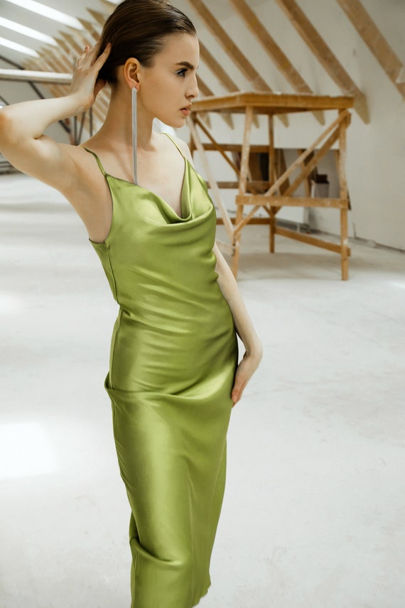 Lime Silk Slip Long Maxi Dress Silk Slip Trends Dress Bridesmaid Style Dress  Bias Slip Prom Dress Date Dress Midi Slip Dress 