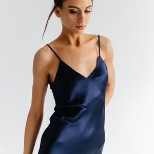 Low Back Navy Silk Slip Midi Dress Silk Slip Trends Dress Bridesmaid ...