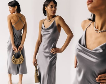 Silk slip dress midi bias cut Silk bridesmaid dress grey silk satin dress Party dress Date dress  bridesmaid style prom silk long gray