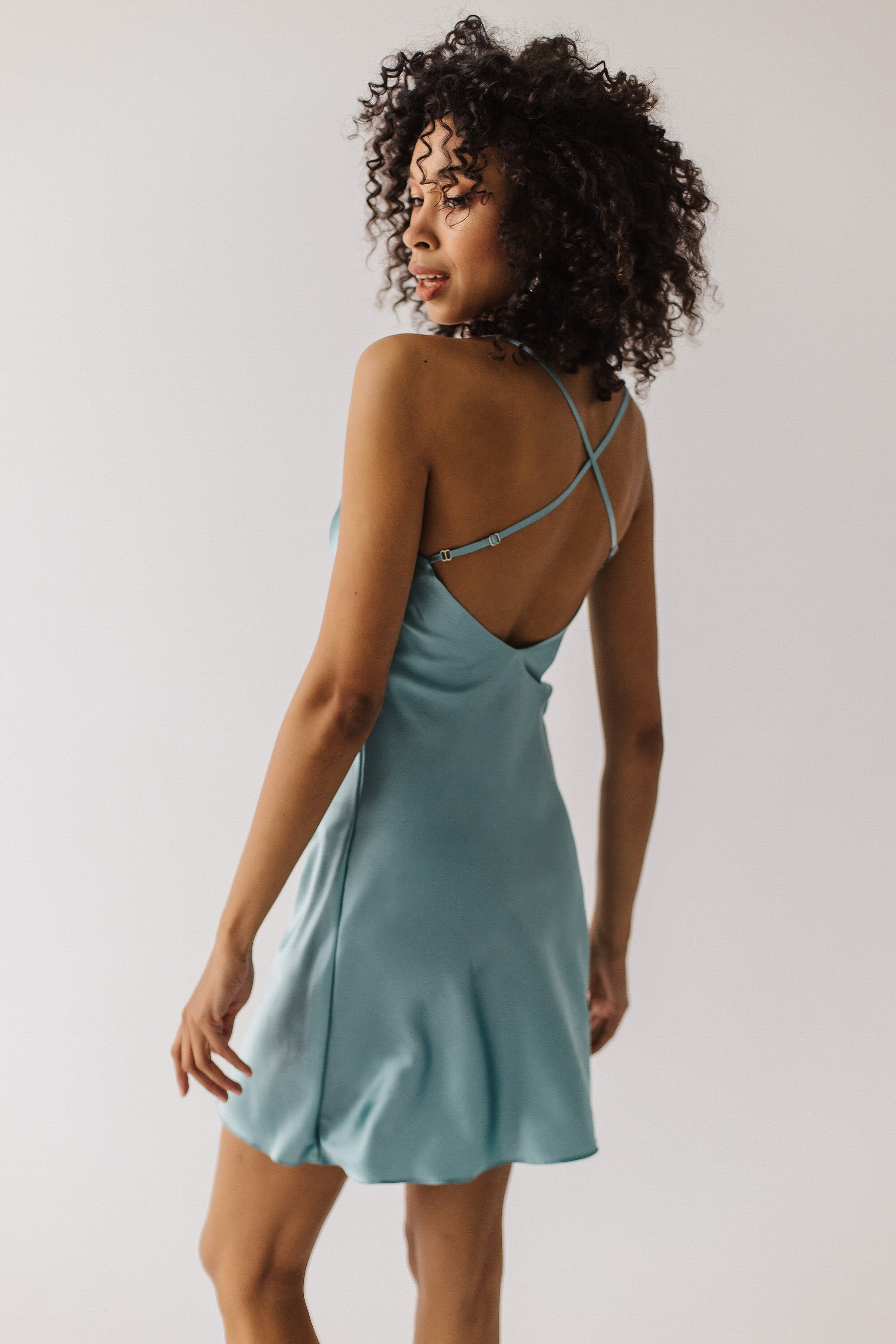 トップス PELLICULE satin gather mini op blue Short Silk Slip Dress Stone Blue Mini Slip Dress Blue 100